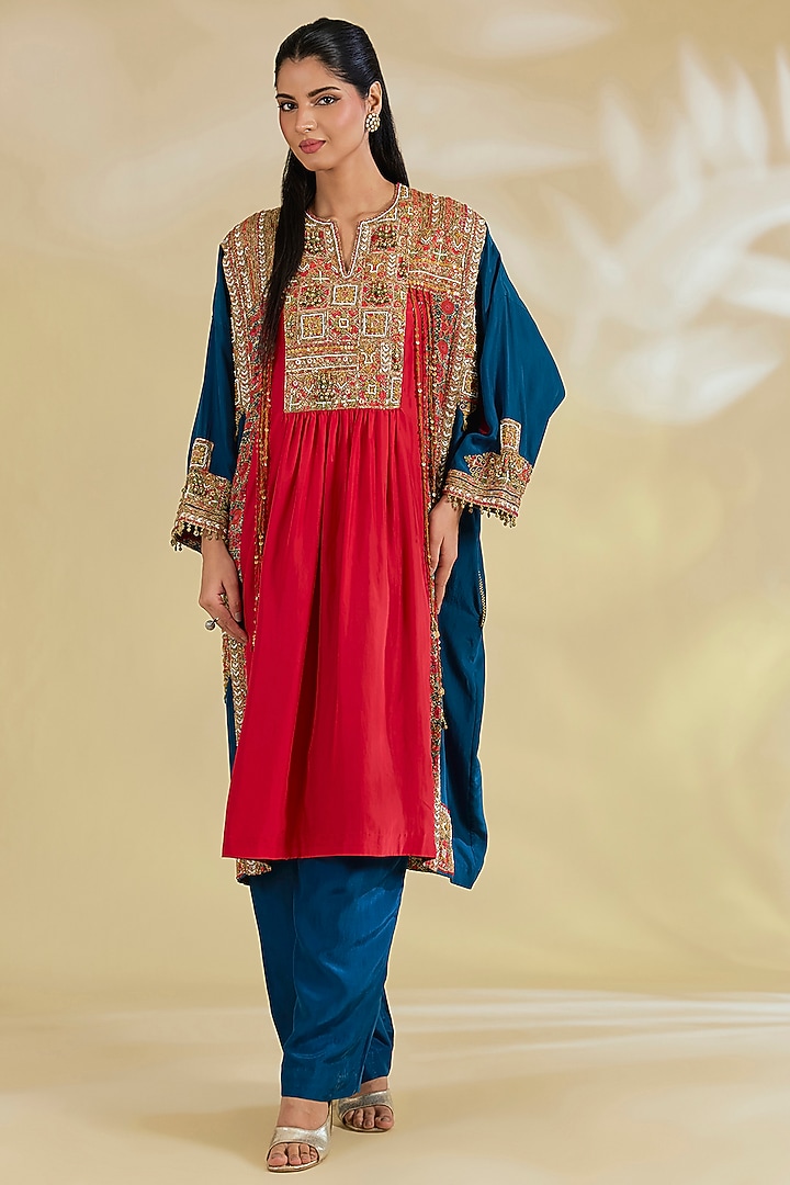 Red Silk Hand & Machine Embroidered Kurta Set by Debyani at Pernia's Pop Up Shop