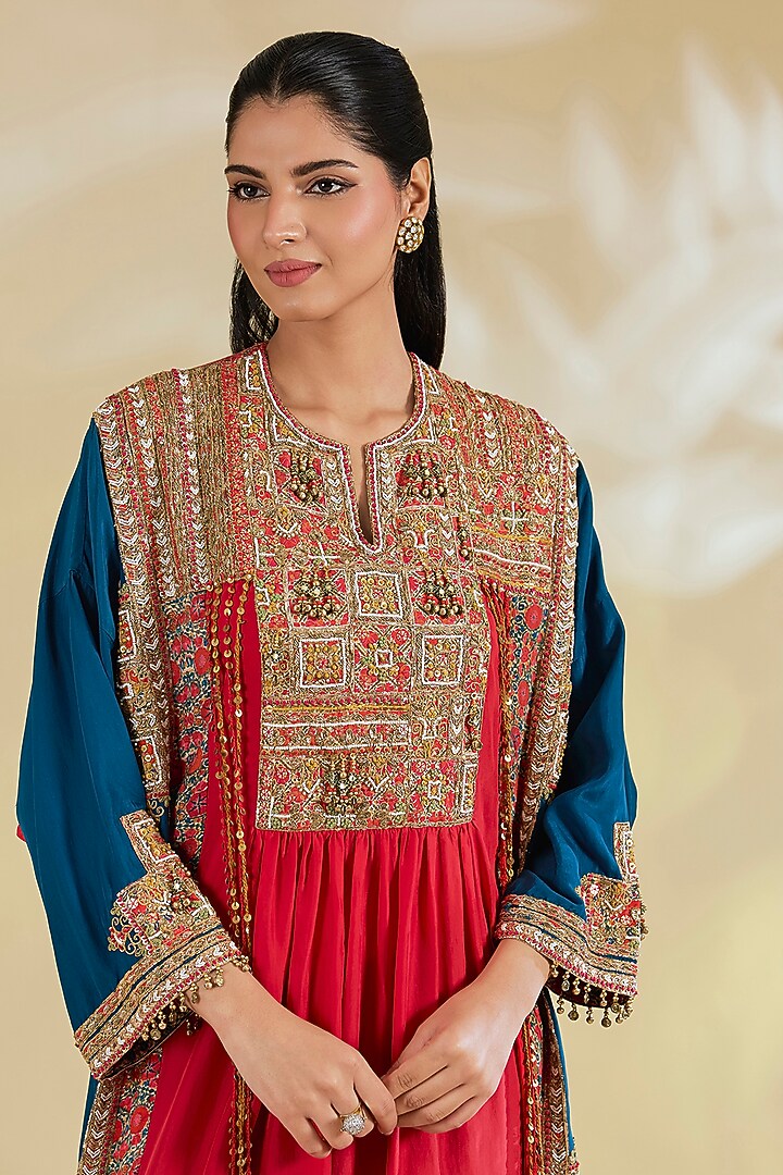Red Silk Hand & Machine Embroidered Kurta Set by Debyani at Pernia's Pop Up Shop