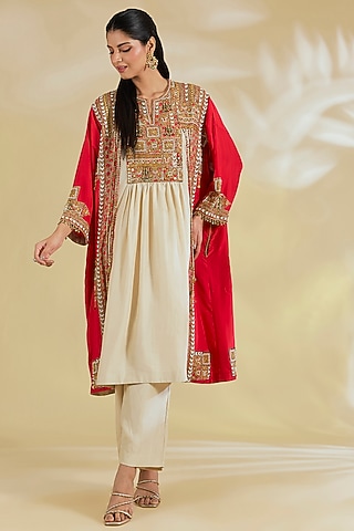 Ivory Silk Hand & Machine Embroidered Kurta Set by Debyani