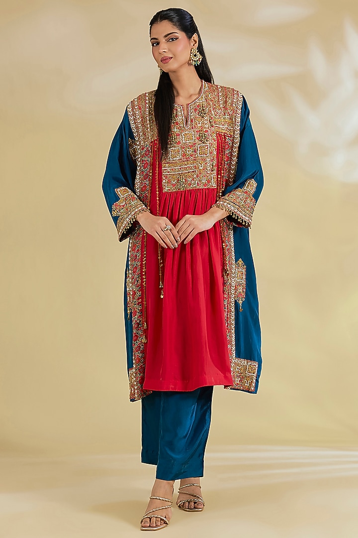 Red Silk Hand & Machine Embroidered Kurta Set by Debyani at Pernia's Pop Up Shop