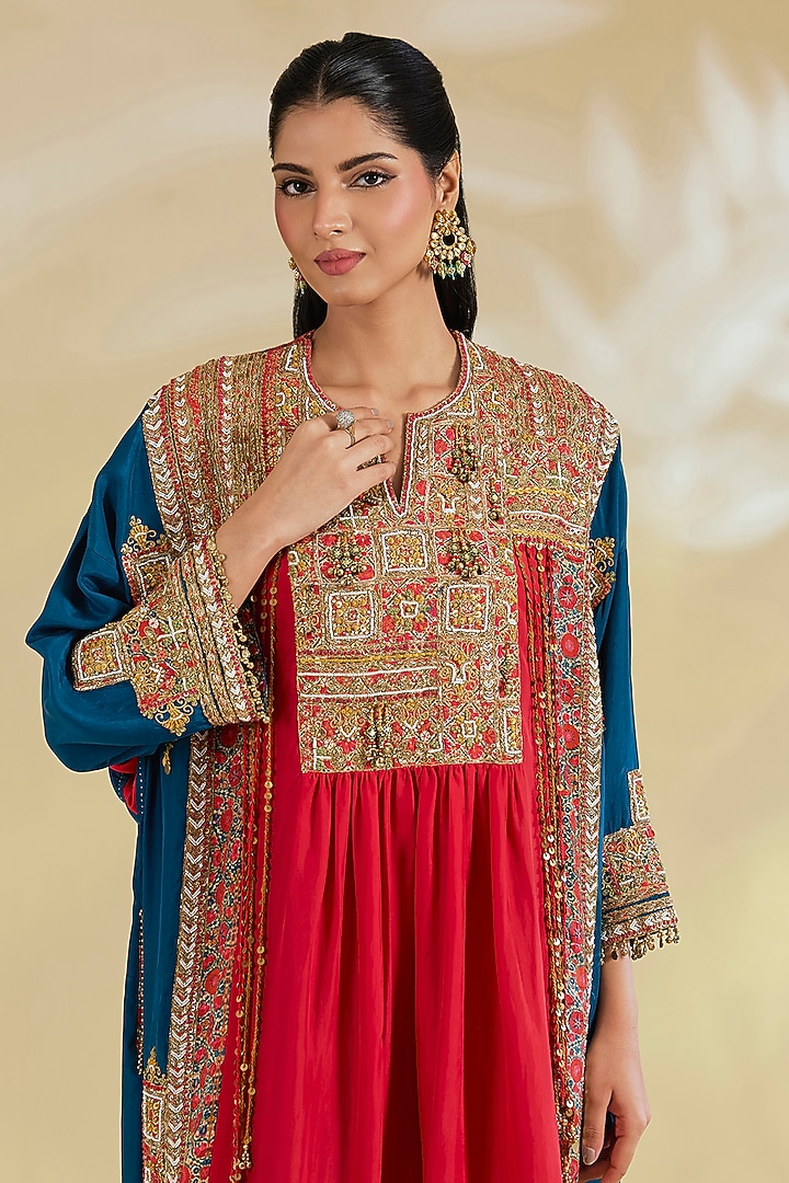 Red Silk Hand & Machine Embroidered Kurta Set by Debyani at Pernia's Pop Up Shop