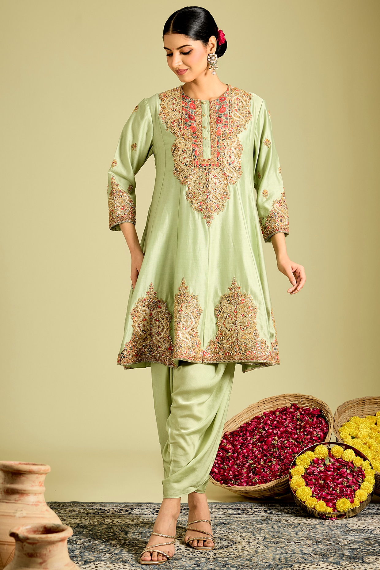 Debyani Pista Green Silk Hand & Machine Embroidered Kurta Set