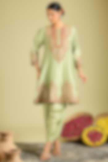 Pista Green Silk Hand & Machine Embroidered Kurta Set by Debyani at Pernia's Pop Up Shop