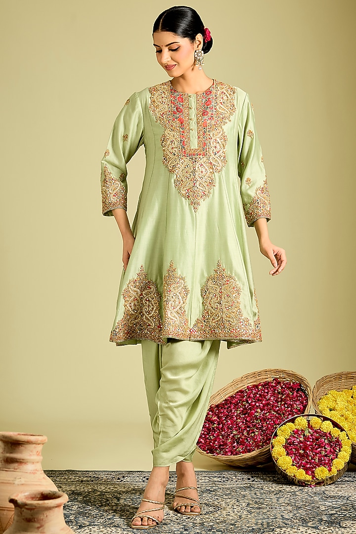 Pista Green Silk Hand & Machine Embroidered Kurta Set by Debyani at Pernia's Pop Up Shop