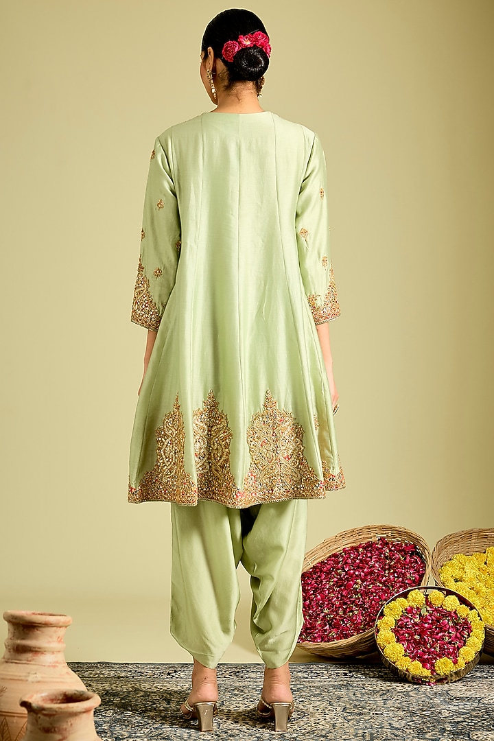 Pista Green Silk Hand & Machine Embroidered Kurta Set by Debyani at Pernia's Pop Up Shop