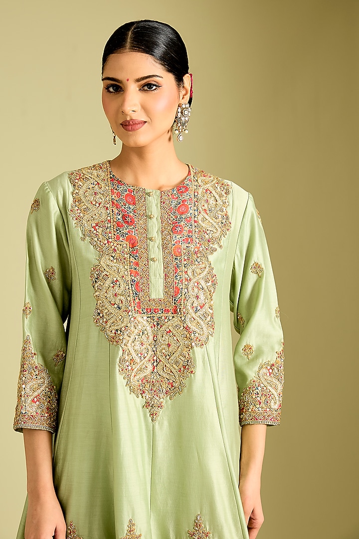 Pista Green Silk Hand & Machine Embroidered Kurta Set by Debyani at Pernia's Pop Up Shop