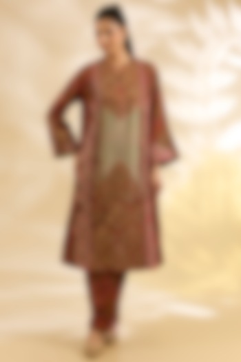 Pista Green Silk & Organza Floral Printed Choga Kurta Set by Debyani at Pernia's Pop Up Shop