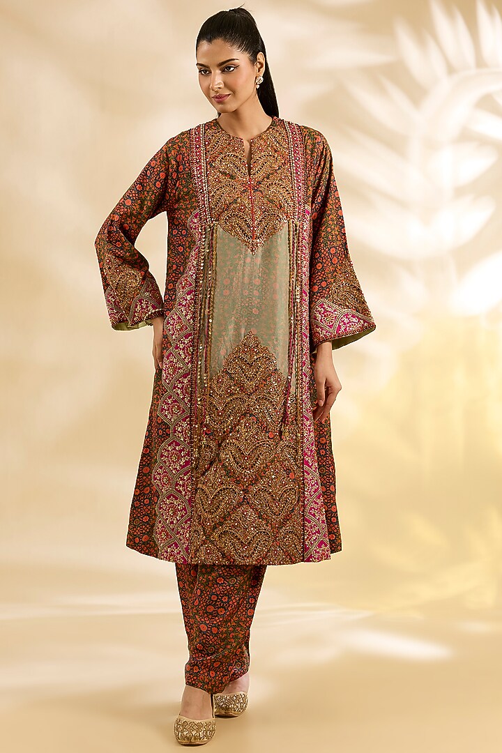 Pista Green Silk & Organza Floral Printed Choga Kurta Set by Debyani at Pernia's Pop Up Shop