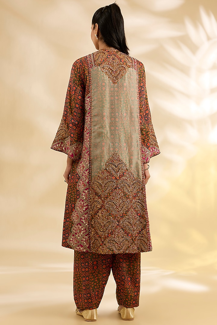 Pista Green Silk & Organza Floral Printed Choga Kurta Set by Debyani at Pernia's Pop Up Shop