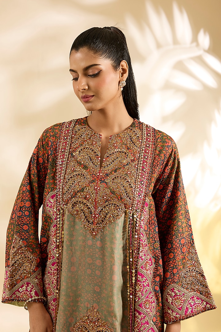 Pista Green Silk & Organza Floral Printed Choga Kurta Set by Debyani at Pernia's Pop Up Shop
