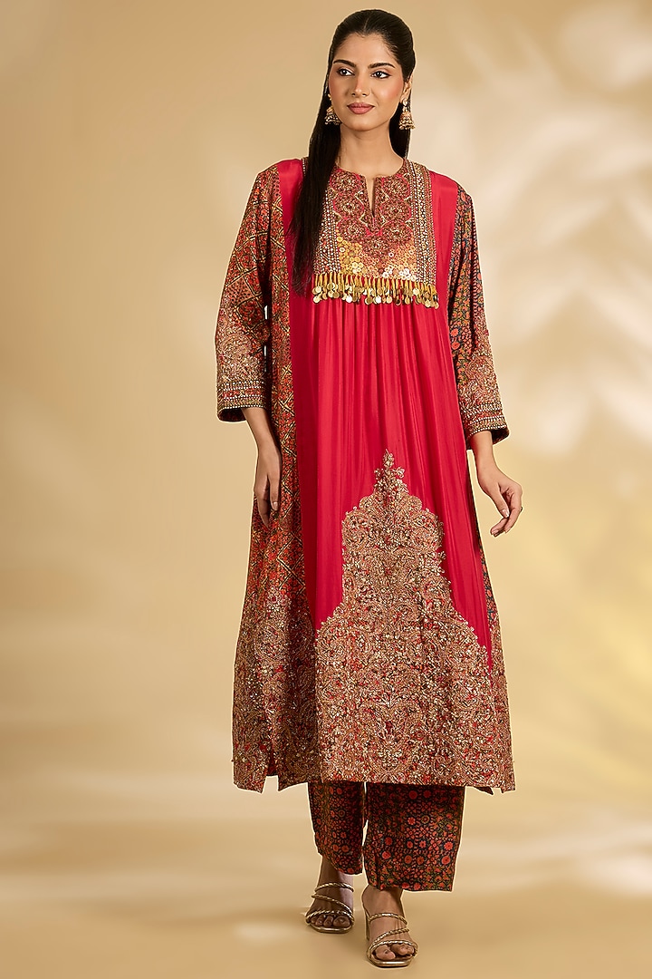 Red Silk Hand & Machine Embroidered Kurta Set by Debyani at Pernia's Pop Up Shop