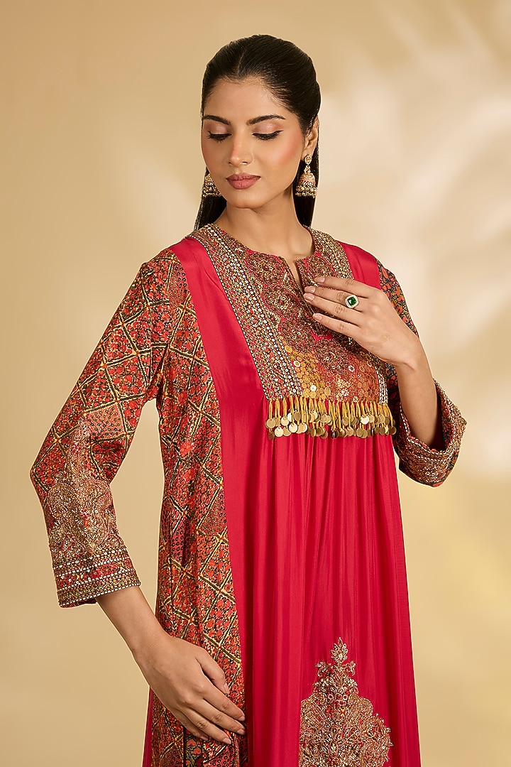 Red Silk Hand & Machine Embroidered Kurta Set by Debyani at Pernia's Pop Up Shop