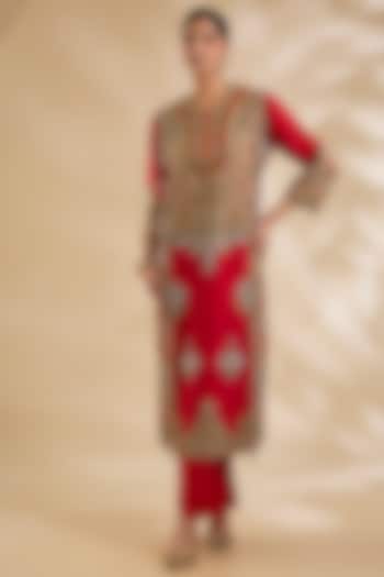 Red Silk Hand & Machine Embroidered Kurta Set by Debyani at Pernia's Pop Up Shop