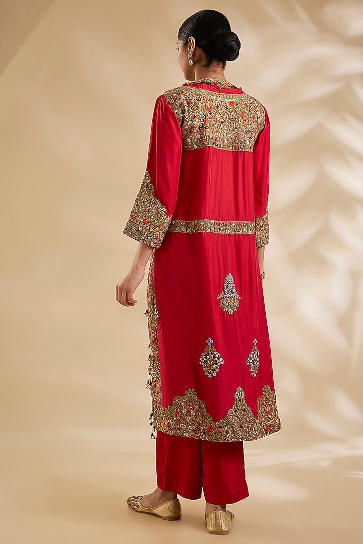 Red Silk Hand & Machine Embroidered Kurta Set by Debyani at Pernia's Pop Up Shop