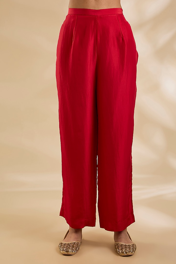 Red Silk Hand & Machine Embroidered Kurta Set by Debyani at Pernia's Pop Up Shop
