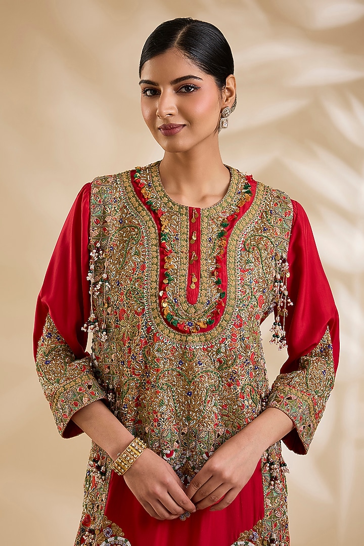 Red Silk Hand & Machine Embroidered Kurta Set by Debyani at Pernia's Pop Up Shop