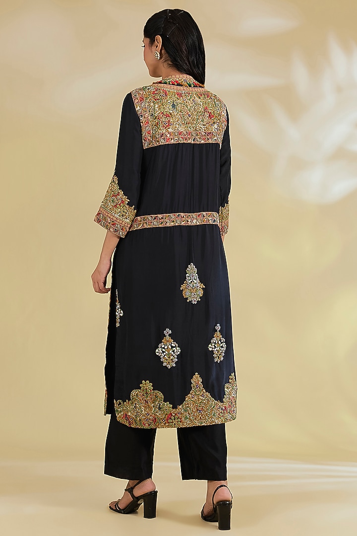 Black Silk Hand & Machine Embroidered Kurta Set by Debyani at Pernia's Pop Up Shop