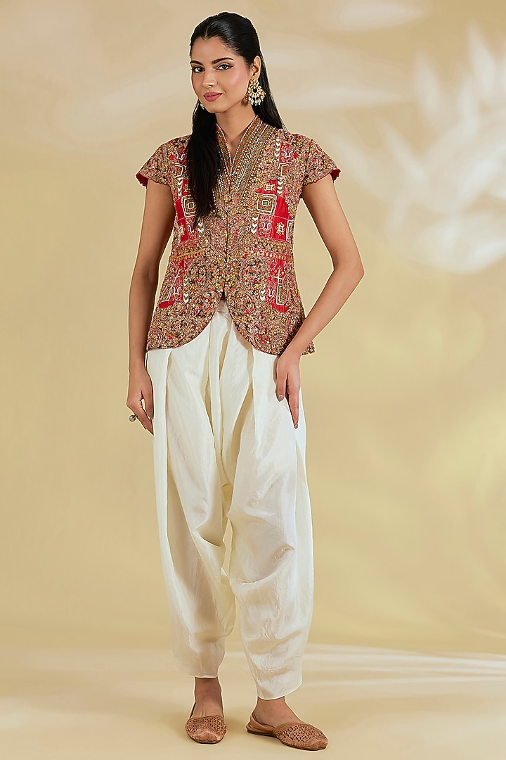 Red Silk Hand & Machine Embroidered Jacket Set by Debyani at Pernia's Pop Up Shop