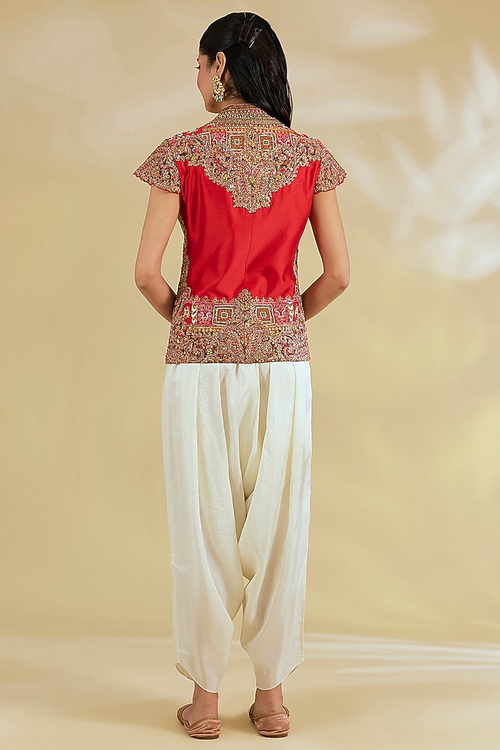 Red Silk Hand & Machine Embroidered Jacket Set by Debyani at Pernia's Pop Up Shop
