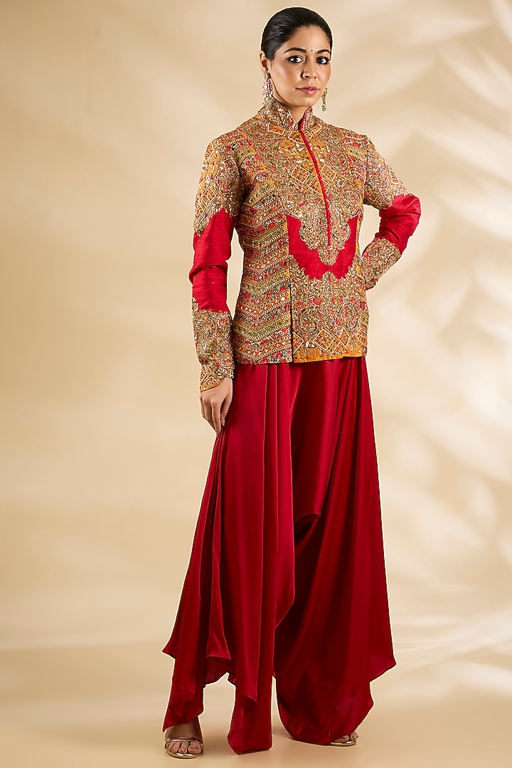 Red Raw Silk & Silk Embroidered Jacket Set by Debyani at Pernia's Pop Up Shop