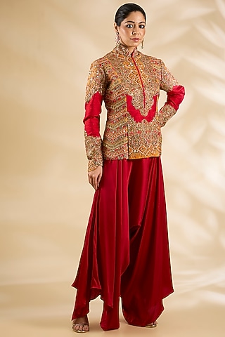 Red Raw Silk & Silk Embroidered Jacket Set by Debyani