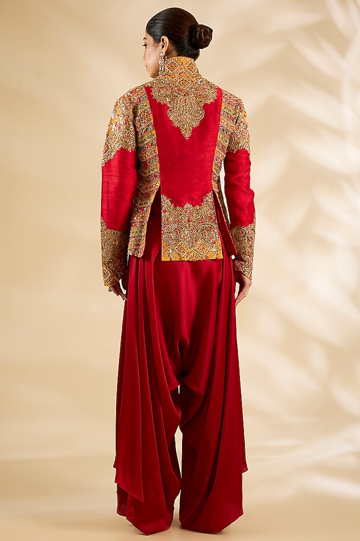 Red Raw Silk & Silk Embroidered Jacket Set by Debyani at Pernia's Pop Up Shop