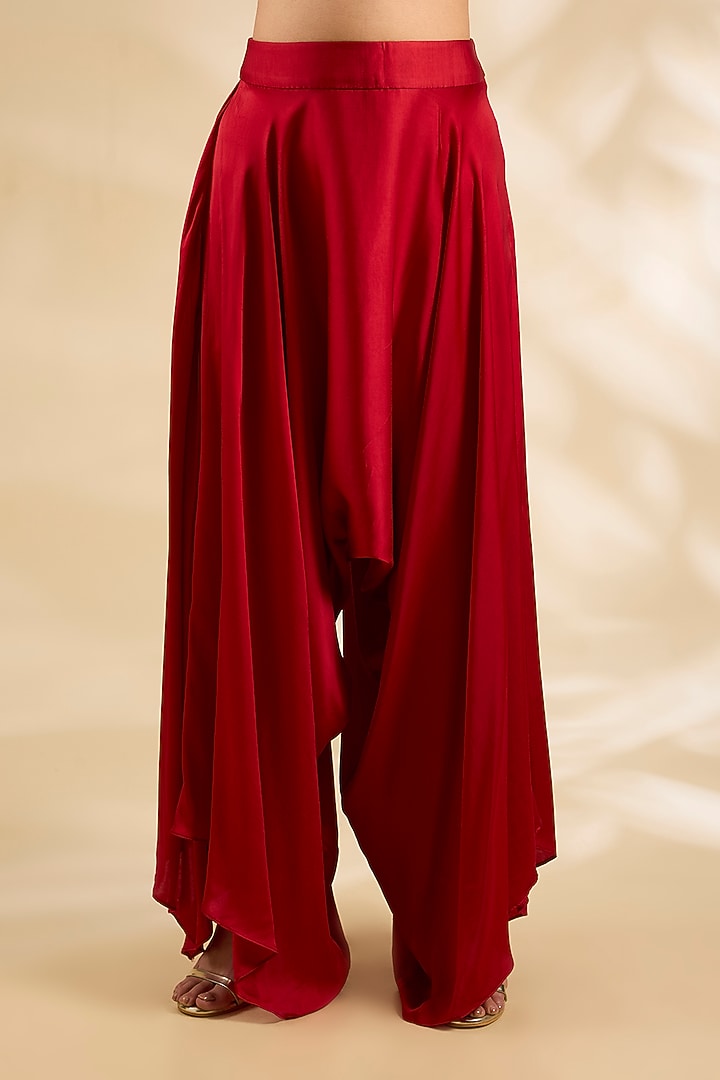 Red Raw Silk & Silk Embroidered Jacket Set by Debyani at Pernia's Pop Up Shop