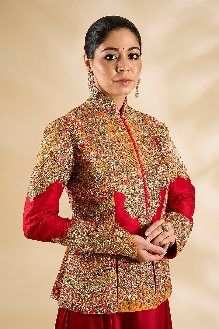 Red Raw Silk & Silk Embroidered Jacket Set by Debyani at Pernia's Pop Up Shop