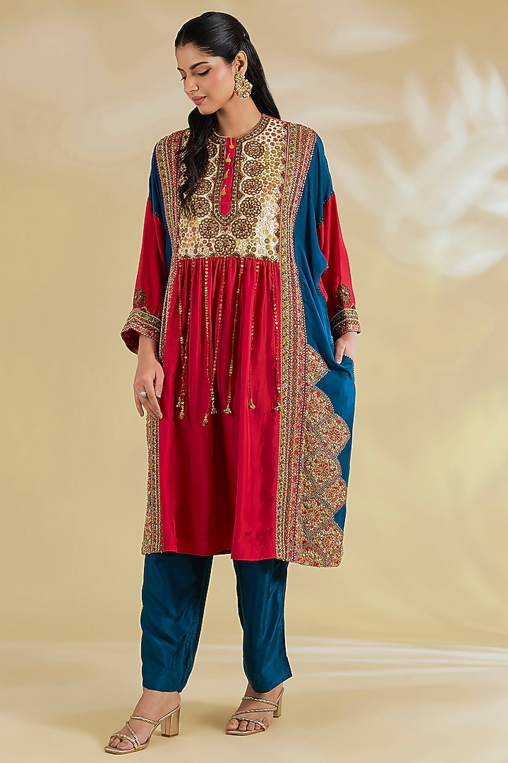Red Silk Hand & Machine Embroidered Striped Kaftan Set by Debyani at Pernia's Pop Up Shop