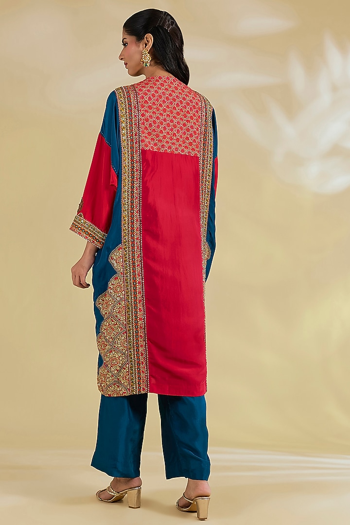 Red Silk Hand & Machine Embroidered Striped Kaftan Set by Debyani at Pernia's Pop Up Shop