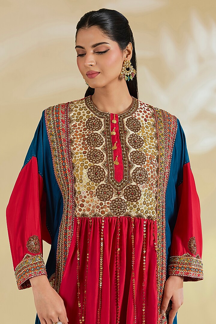 Red Silk Hand & Machine Embroidered Striped Kaftan Set by Debyani at Pernia's Pop Up Shop
