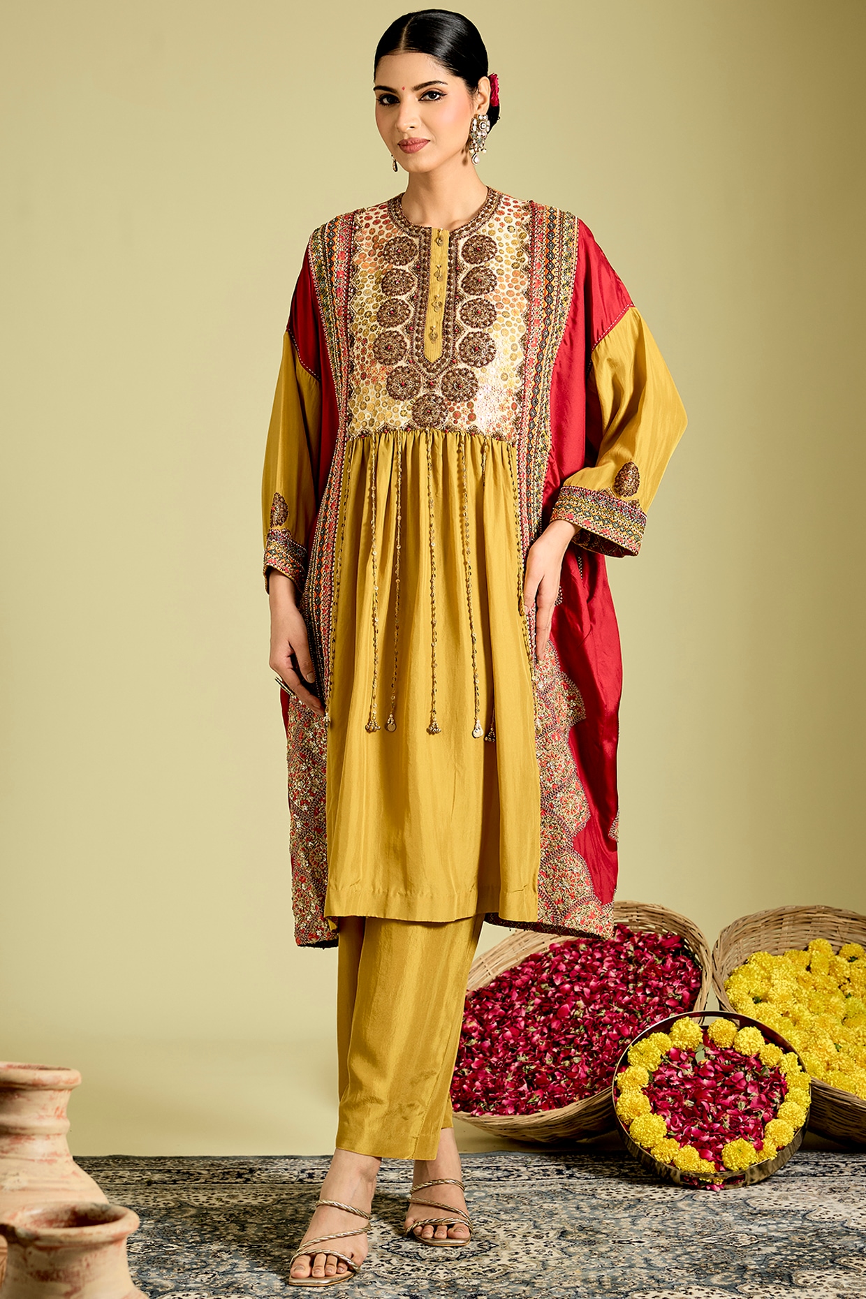 Debyani Mustard Silk Hand & Machine Embroidered Kaftan Set
