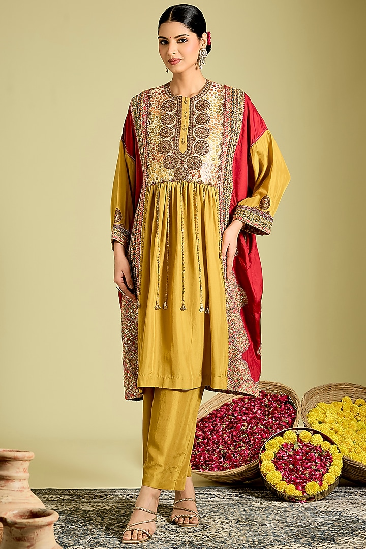 Mustard Silk Hand & Machine Embroidered Kaftan Set by Debyani at Pernia's Pop Up Shop