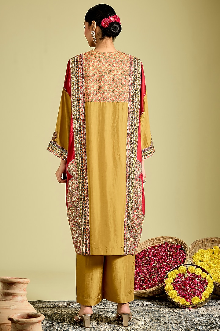 Mustard Silk Hand & Machine Embroidered Kaftan Set by Debyani at Pernia's Pop Up Shop