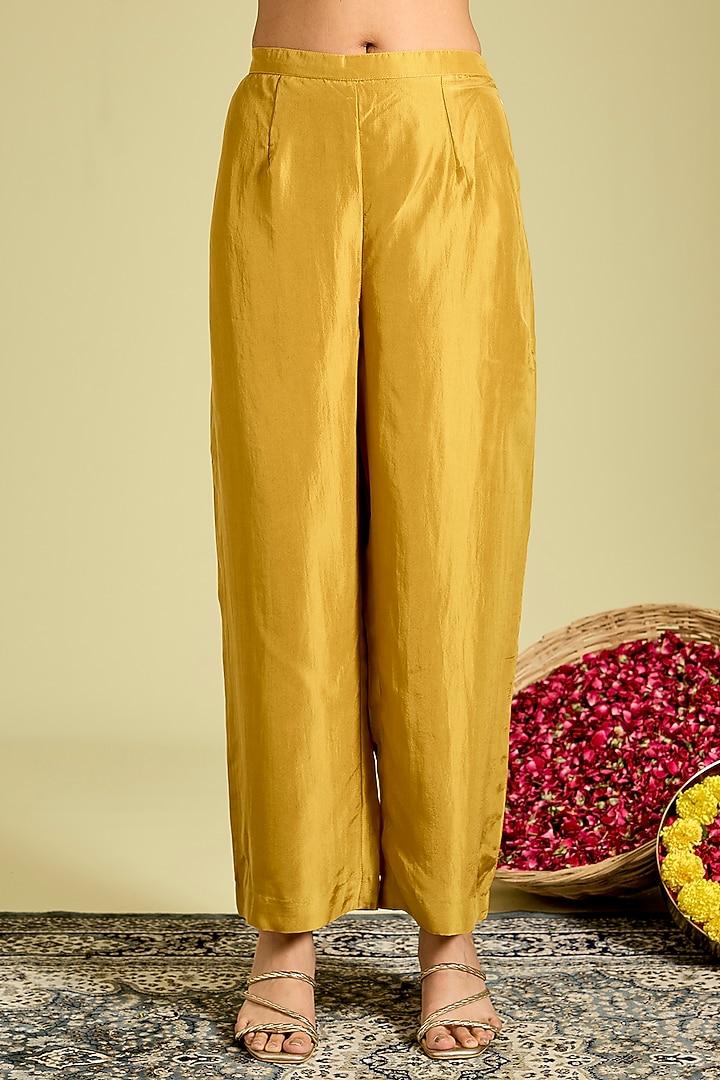 Mustard Silk Hand & Machine Embroidered Kaftan Set by Debyani at Pernia's Pop Up Shop