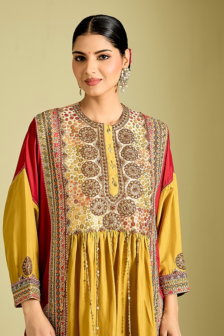 Mustard Silk Hand & Machine Embroidered Kaftan Set by Debyani at Pernia's Pop Up Shop