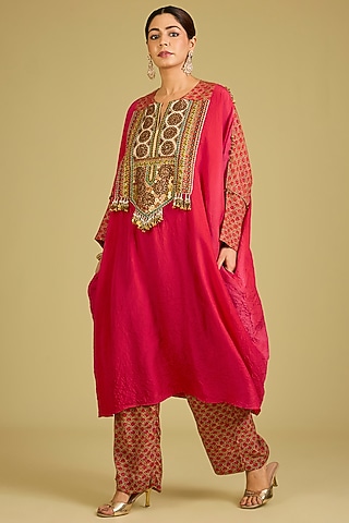 Red Silk Kaftan Set by Debyani