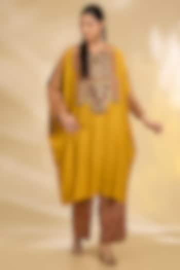 Mustard Yellow Silk Hand & Machine Embroidered Kaftan Set by Debyani at Pernia's Pop Up Shop