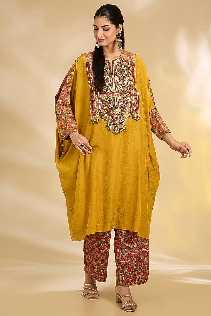 Mustard Yellow Silk Hand & Machine Embroidered Kaftan Set by Debyani at Pernia's Pop Up Shop