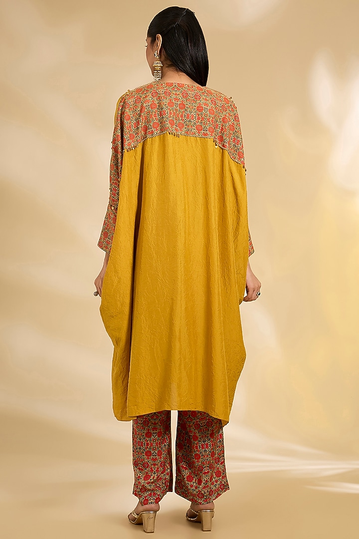 Mustard Yellow Silk Hand & Machine Embroidered Kaftan Set by Debyani at Pernia's Pop Up Shop