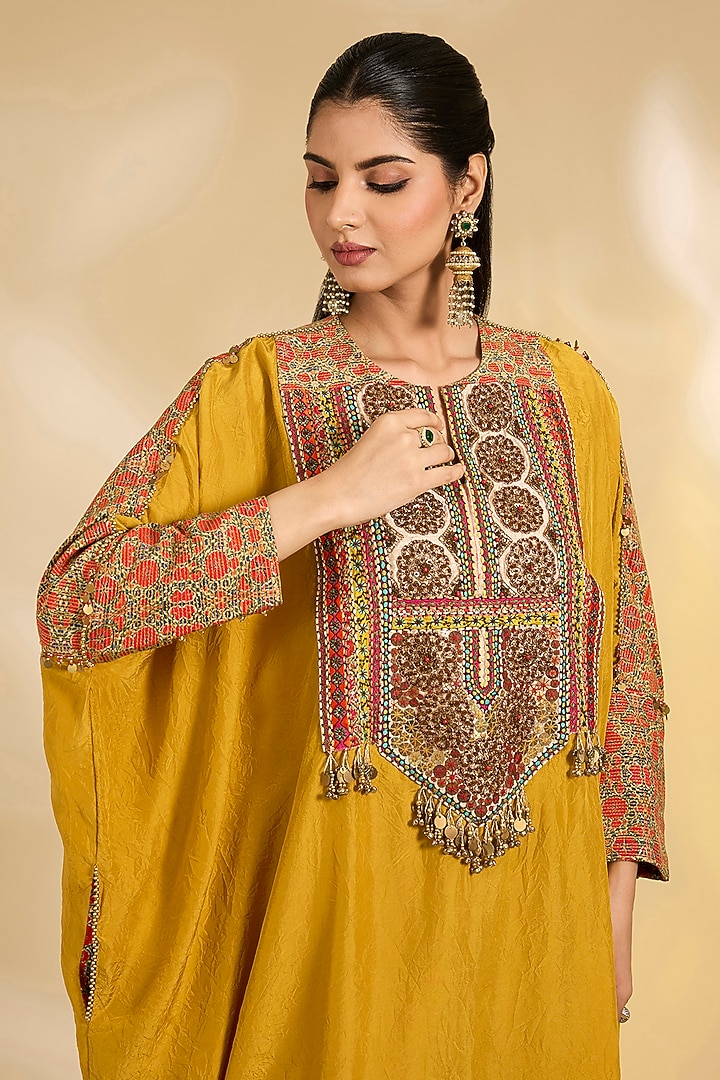 Mustard Yellow Silk Hand & Machine Embroidered Kaftan Set by Debyani at Pernia's Pop Up Shop