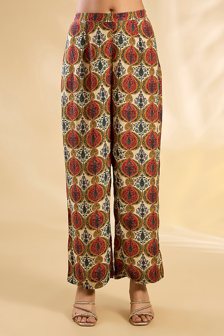 Ivory Silk Abstract Printed & Hand Embroidered Kurta Set by Debyani at Pernia's Pop Up Shop