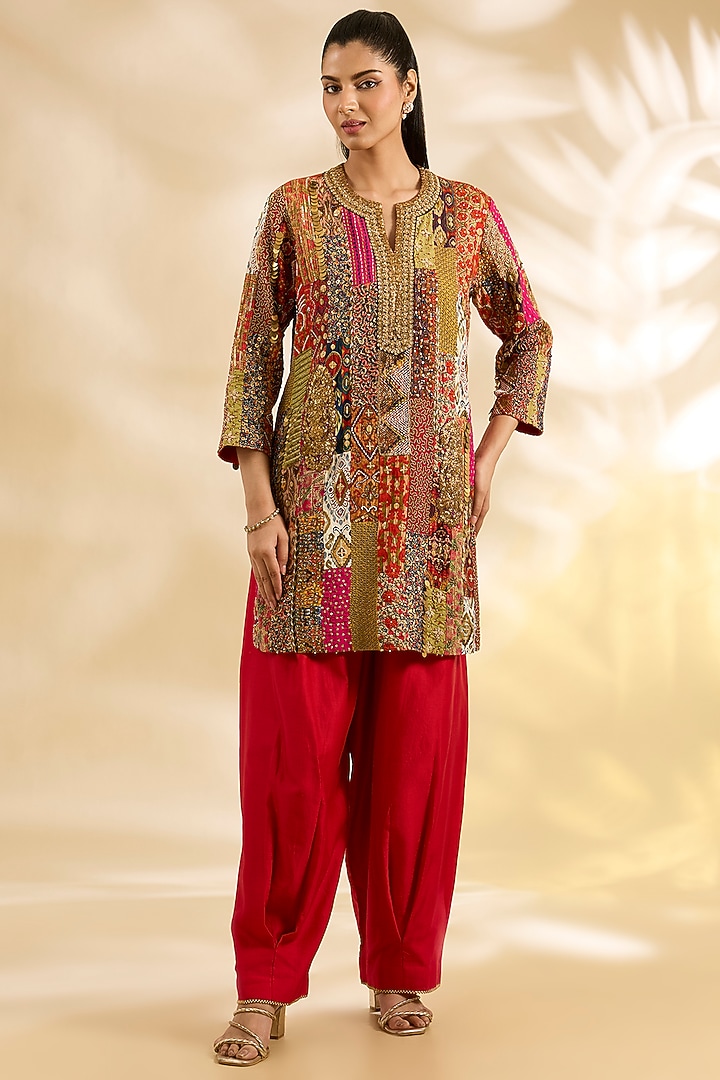 Multi-Colored Silk Floral Printed & Embroidered Boho Kurta Set by Debyani at Pernia's Pop Up Shop