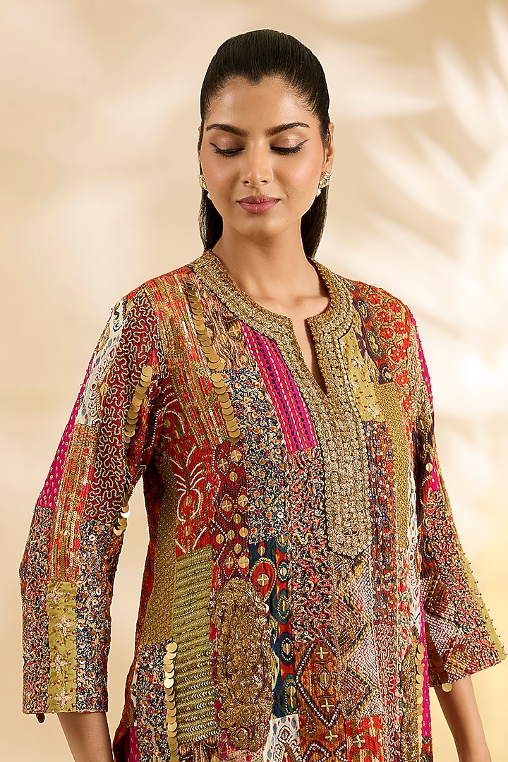 Multi-Colored Silk Floral Printed & Embroidered Boho Kurta Set by Debyani at Pernia's Pop Up Shop