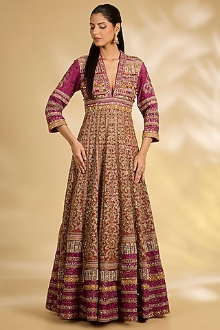Pink Chanderi Hand & Machine Embroidered Anarkali by Debyani