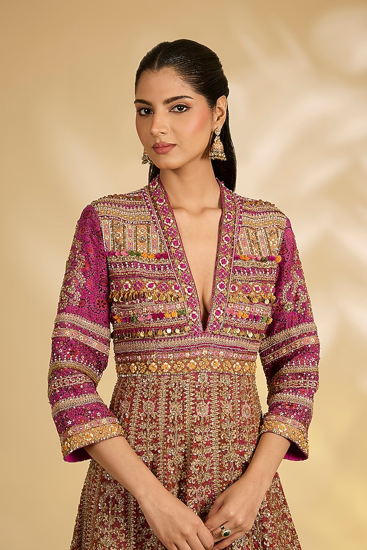 Pink Chanderi Hand & Machine Embroidered Bridal Anarkali by Debyani at Pernia's Pop Up Shop