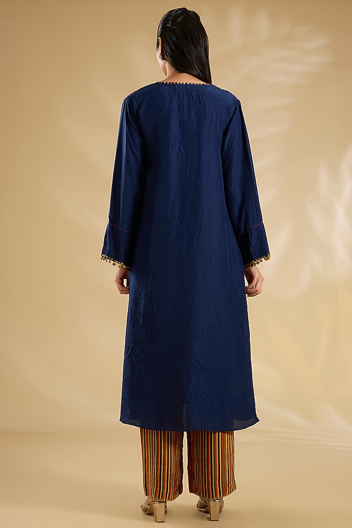 Navy Silk Printed & Embroidered Kurta Set by Debyani at Pernia's Pop Up Shop