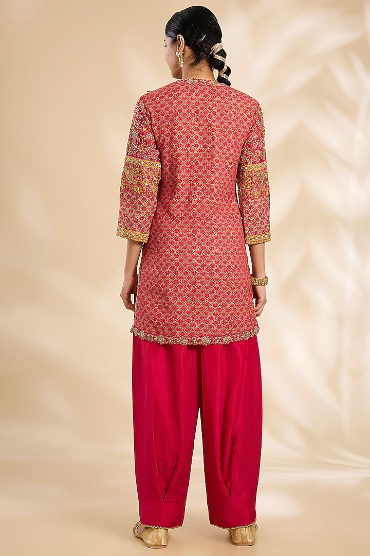 Red Silk Hand & Machine Embroidered Kurta Set by Debyani at Pernia's Pop Up Shop