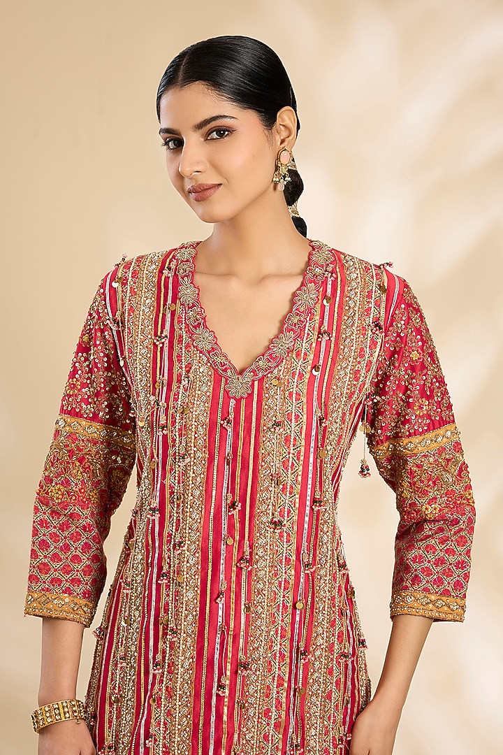 Red Silk Hand & Machine Embroidered Kurta Set by Debyani at Pernia's Pop Up Shop