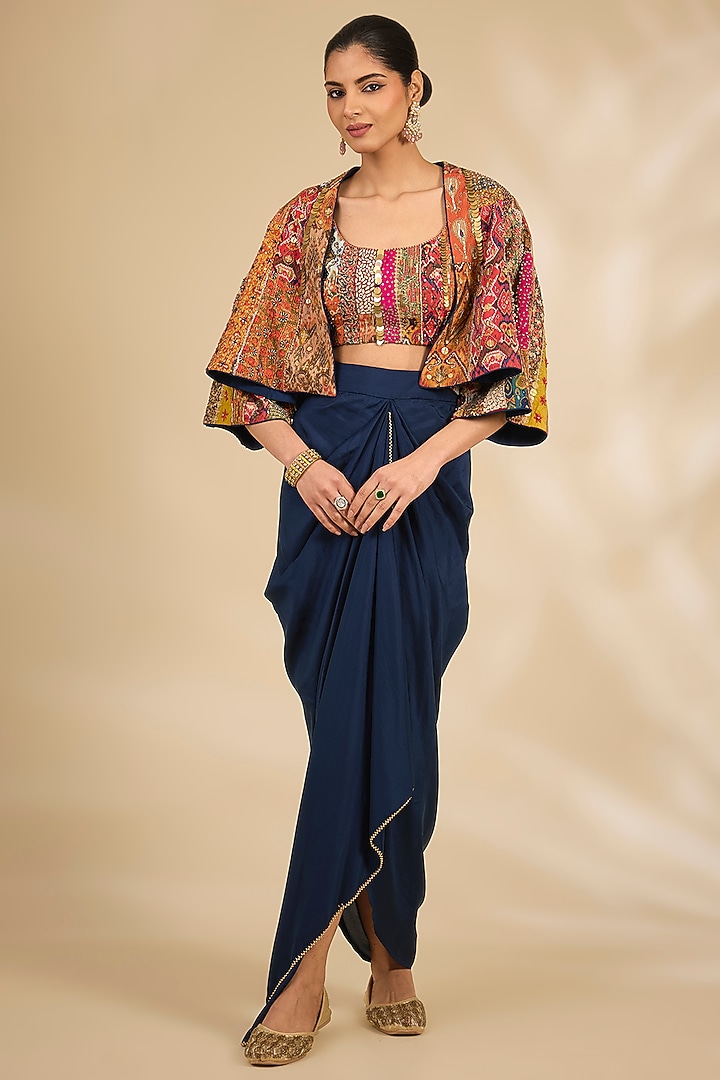 Blue Silk Draped Skirt Set by Debyani at Pernia's Pop Up Shop